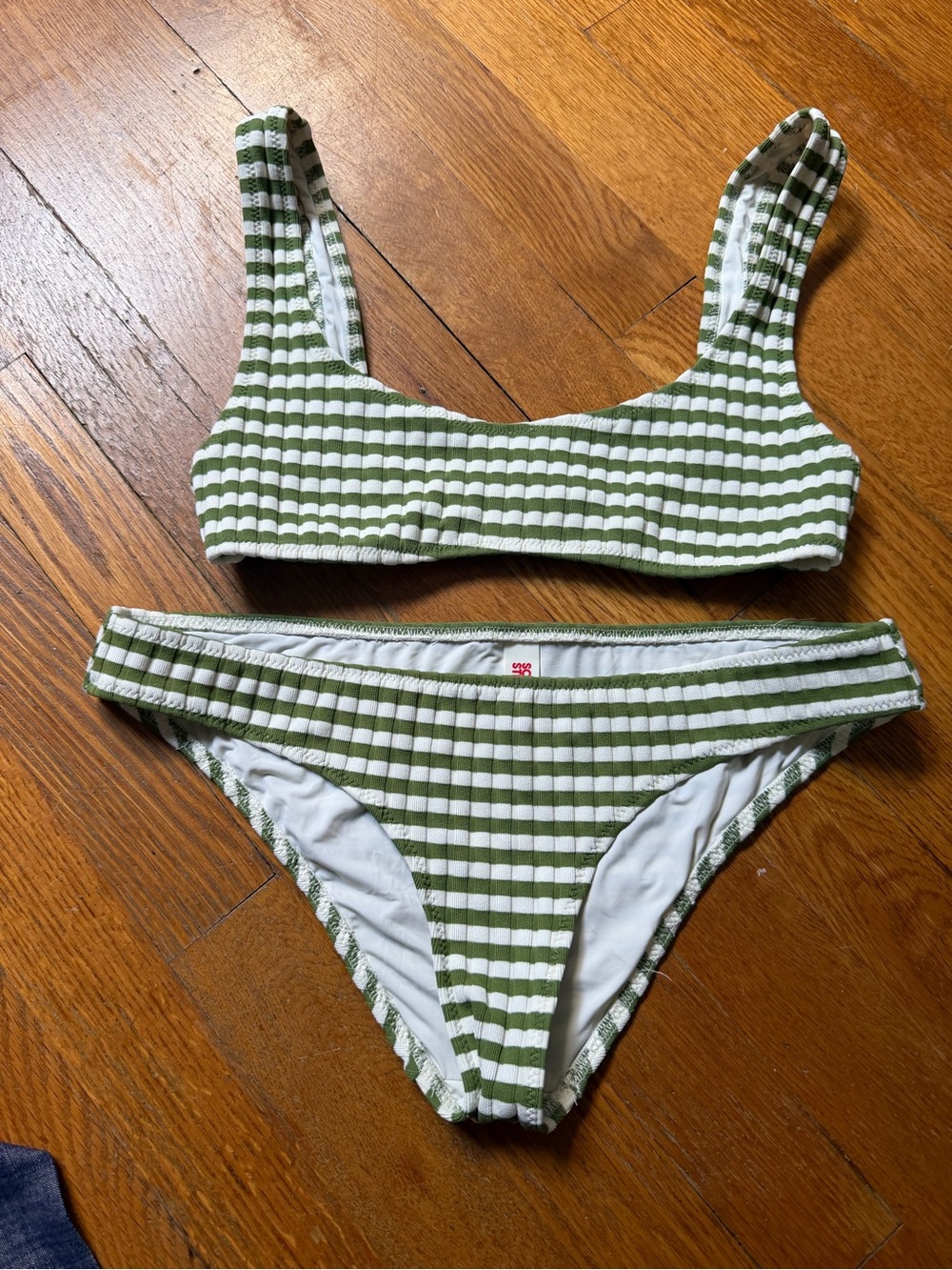 Solid and Striped Olive Green & White Ribbed Stripe Bikini Set